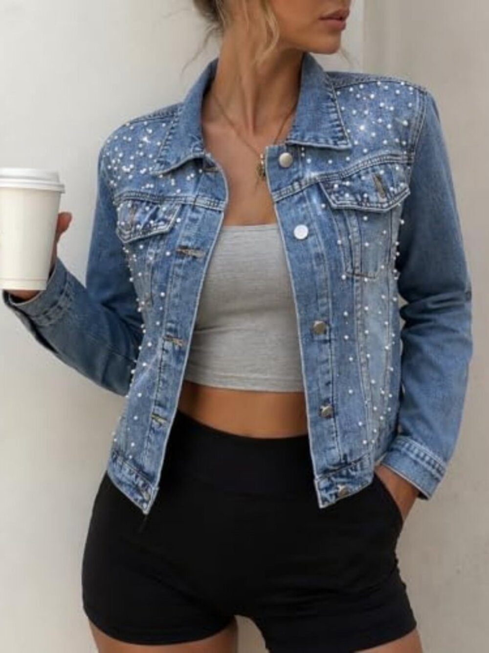 Trendy Pearl Denim Jacket with Rhinestone Buttons - Stylish Jean Outerwear for - Picture 3 of 6